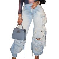 امرأة اليومي أسلوب بسيط اللون الصامد مكتمل الطول جيب ممزق جينز main image 2