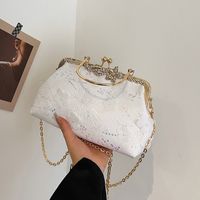 Women's Medium Pu Leather Gauze Flower Classic Style Clasp Frame Crossbody Bag sku image 5