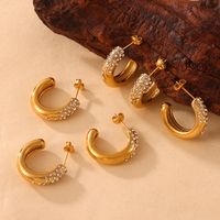 1 Pair Casual Simple Style Commute C Shape Inlay Titanium Steel Rhinestones 18K Gold Plated Ear Studs main image 9