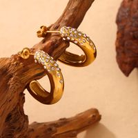 1 Pair Casual Simple Style Commute C Shape Inlay Titanium Steel Rhinestones 18K Gold Plated Ear Studs main image 1