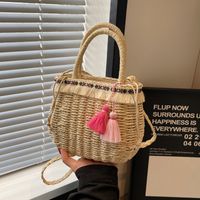 Women's Medium Straw Solid Color Vacation Beach Weave Hollow String Straw Bag main image 10