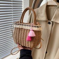 Women's Medium Straw Solid Color Vacation Beach Weave Hollow String Straw Bag main image 6
