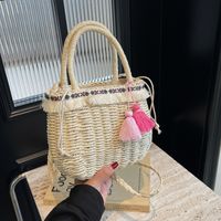 Women's Medium Straw Solid Color Vacation Beach Weave Hollow String Straw Bag main image 5