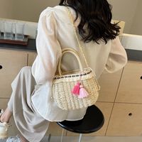 Women's Medium Straw Solid Color Vacation Beach Weave Hollow String Straw Bag sku image 1