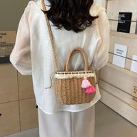 Women's Medium Straw Solid Color Vacation Beach Weave Hollow String Straw Bag sku image 2