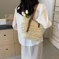 Women's Large Straw Solid Color Vacation Beach Zipper Straw Bag main image video