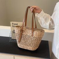 Women's Large Straw Solid Color Vacation Beach Zipper Straw Bag main image 7