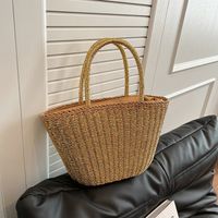 Women's Large Straw Solid Color Vacation Classic Style Bucket Zipper Straw Bag main image 9