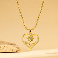 201 Stainless Steel Brass 18K Gold Plated Simple Style Classic Style Hollow Out Inlay Heart Shape Flower Zircon Pendant Necklace main image 1