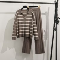 Täglich Frau Einfacher Stil Streifen Polyester Streifen Hosen-Sets Hosen-Sets main image 2