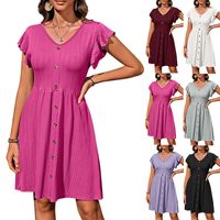 Women's Regular Dress Simple Style V Neck Button Short Sleeve Solid Color Midi Dress Holiday Daily main image 1