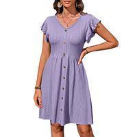 Women's Regular Dress Simple Style V Neck Button Short Sleeve Solid Color Midi Dress Holiday Daily main image 4