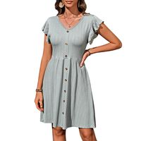 Women's Regular Dress Simple Style V Neck Button Short Sleeve Solid Color Midi Dress Holiday Daily main image 5