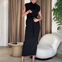 Femmes Robe Fourreau Élégant Col Montant Ceinture Sans Manches Couleur Unie Maxi Longue Robe Vacances Du Quotidien main image 6