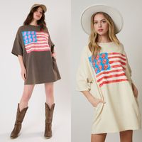 Women's Regular Dress Simple Style Round Neck Printing Short Sleeve National Flag Stripe Flower Above Knee Daily main image 1