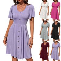 Femmes Robe Régulière Style Simple Col En U Bouton Manche Courte Couleur Unie Robe Mi-Longue Vacances Du Quotidien main image 1