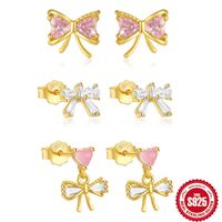 1 Pair Simple Style Heart Shape Bow Knot Plating Sterling Silver Zircon Ear Studs main image 1