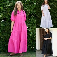 Femmes Robe Régulière Style Simple Col Montant Bouton Manche Courte Couleur Unie Maxi Longue Robe Vacances Du Quotidien main image 1