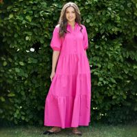 Women's Regular Dress Simple Style Standing Collar Button Short Sleeve Solid Color Maxi Long Dress Holiday Daily main image 3