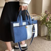 Women's Large Denim Color Block Basic Classic Style Zipper Tote Bag main image 3