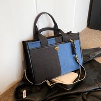 Women's Large Denim Color Block Basic Classic Style Zipper Tote Bag sku image 3