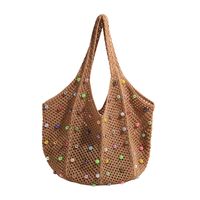 Women's Large Fabric Solid Color Vintage Style Beach Pearls Hollow Open Shoulder Bag sku image 4
