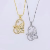 Copper 18K Gold Plated Elegant Sweet Shiny Hollow Out Inlay Heart Shape Butterfly Zircon Pendant Necklace main image 5