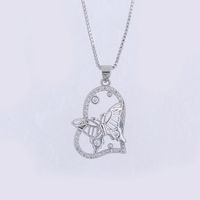 Copper 18K Gold Plated Elegant Sweet Shiny Hollow Out Inlay Heart Shape Butterfly Zircon Pendant Necklace main image 4