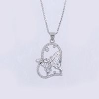 Copper 18K Gold Plated Elegant Sweet Shiny Hollow Out Inlay Heart Shape Butterfly Zircon Pendant Necklace sku image 2