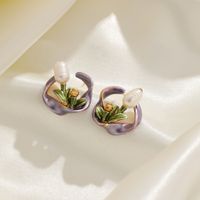 1 Pair IG Style Fairy Style Modern Style Flower Enamel Inlay Copper Rhinestones Pearl Ceramics 18K Gold Plated Ear Studs main image 3