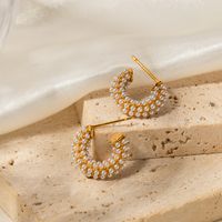 1 Pair IG Style Elegant Lady C Shape Inlay 316 Stainless Steel  Artificial Pearls 18K Gold Plated Earrings main image 3