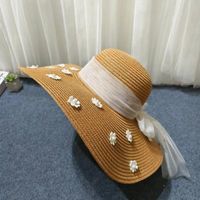 Women's Cute Sweet Simple Style Flower Embroidery Pearl Wide Eaves Straw Hat sku image 2