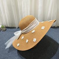 Women's Cute Sweet Simple Style Flower Embroidery Pearl Wide Eaves Straw Hat main image 3