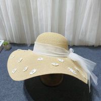 Women's Cute Sweet Simple Style Flower Embroidery Pearl Wide Eaves Straw Hat sku image 1