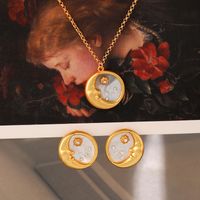 Brass Retro Simple Style Inlay Round Moon Shell Zircon Earrings Necklace main image 1