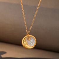 Brass Retro Simple Style Inlay Round Moon Shell Zircon Earrings Necklace main image 5