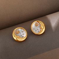 Brass Retro Simple Style Inlay Round Moon Shell Zircon Earrings Necklace main image 4