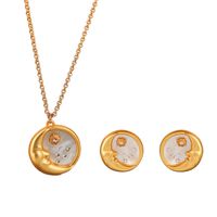 Brass Retro Simple Style Inlay Round Moon Shell Zircon Earrings Necklace main image 3