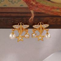 1 Pair IG Style Retro Star Bee Inlay Copper Pearl Zircon Drop Earrings main image 1