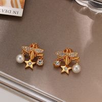 1 Pair IG Style Retro Star Bee Inlay Copper Pearl Zircon Drop Earrings main image 5