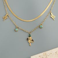 304 Stainless Steel 18K Gold Plated Hip-Hop Luxurious Plating Inlay Snake Turquoise Zircon Double Layer Necklaces sku image 1