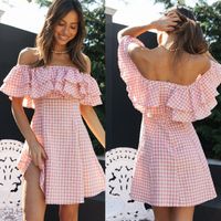 Women's Princess Dress Sexy Boat Neck Short Sleeve Plaid Solid Color Above Knee Holiday Daily main image 1