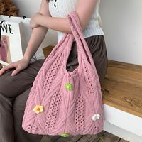 Women's Medium Knit Solid Color Flower Basic Vintage Style Weave Square Open Shoulder Bag sku image 3