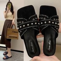 Women's Vintage Style Roman Style Solid Color Rivet Square Toe Slides Slippers sku image 5