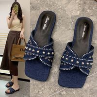 Women's Vintage Style Roman Style Solid Color Rivet Square Toe Slides Slippers sku image 10