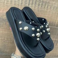 Women's Casual Vacation Solid Color Rivet Square Toe Flip Flops sku image 1