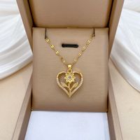 Titanium Steel Copper Simple Style Classic Style Hollow Out Inlay Heart Shape Flower Zircon Pendant Necklace sku image 1