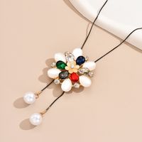 Wholesale Jewelry Sweet Shiny Flower Alloy Rhinestones Pearl Plating Inlay Sweater Chain Long Necklace main image 5