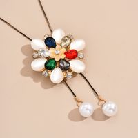 Wholesale Jewelry Sweet Shiny Flower Alloy Rhinestones Pearl Plating Inlay Sweater Chain Long Necklace main image 6
