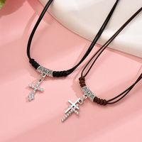 Wholesale Jewelry IG Style Simple Style Cross Alloy Leather Rope Zinc Alloy Zircon Inlay Pendant Necklace main image 3